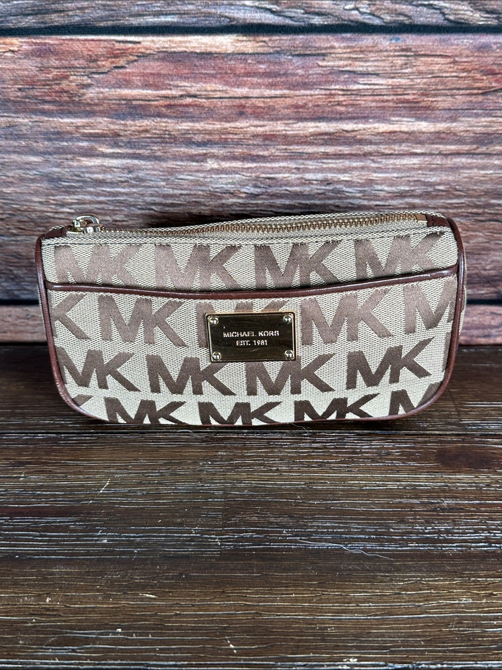 Michael Kors Beige and Brown MK Logo Zip Pouch Cosmetic bag!